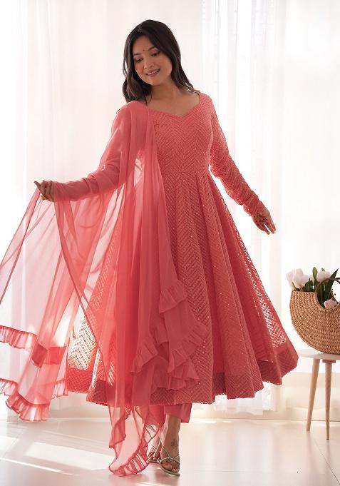 Peach Chikankari Georgette Anarkali With Dupatta