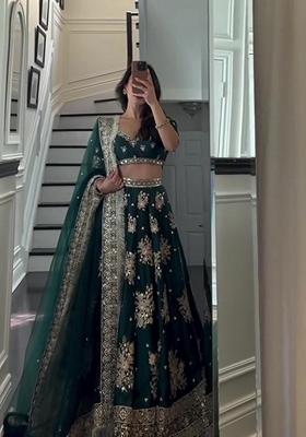 Green Sequin Thread Embroidered Satin Silk Blend Lehenga Set for Diwali and Festive Wear
