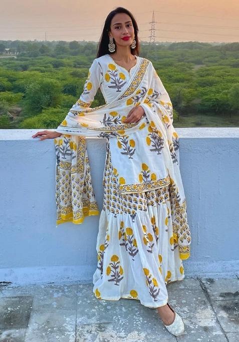 White Floral Print Cotton Anarkali Set