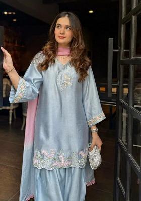 Blue Embroidered Silk Blend Punjabi Suit