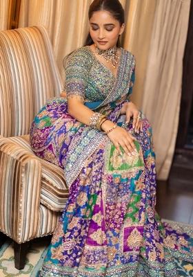 Blue Solid Silk Blend Saree Set for Diwali | Wedding & Festive Wear