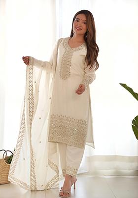 Off White Embroidered Georgette Straight Kurta Set