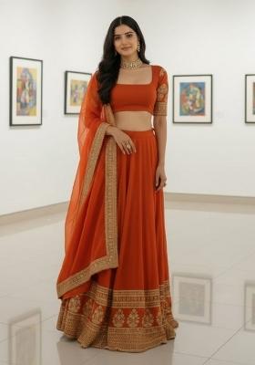 Fenta Orange Sequence Work Faux Georgette Lehenga Set with Embroidery for Diwali | Wedding & Festive Wear