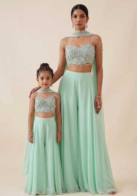 Pretty Mint Green Chinon Handwork Mother Daughter Fusion Set | Twin In Charm