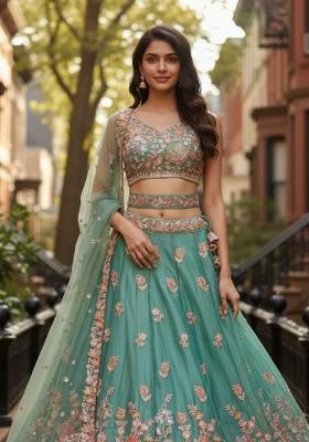 Sea Green Sequence Work Fendy Silk Blend Lehenga Set with Embroidery for Diwali | Wedding & Festive Wear