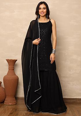 Black Embroidered Georgette Sharara Set