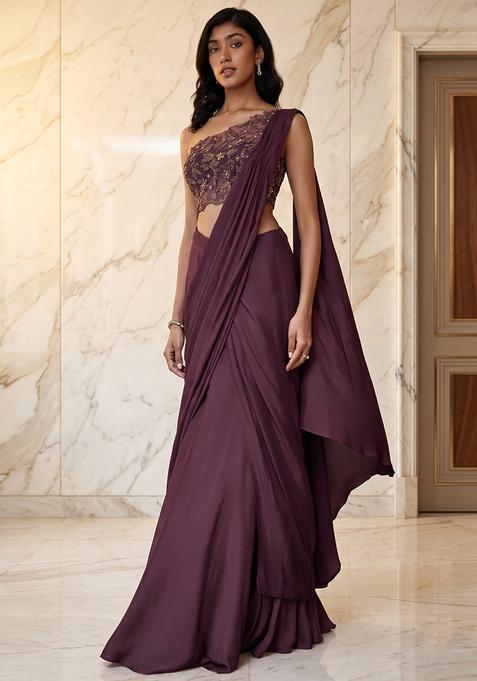 Purple Embroidered Handwork Pre Draped Saree Set