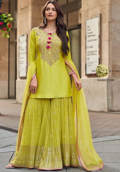 Olive Yellow Embroidered Georgette Sharara Set