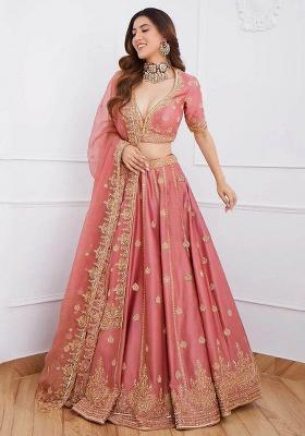 Pink Sequin Embroidered Art Silk Blend Lehenga Set for Diwali and Festive Wear