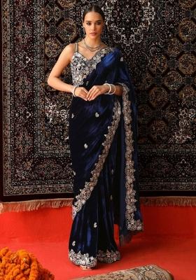 Blue Embroidered Viscose Saree Set for Diwali and Festive Wear