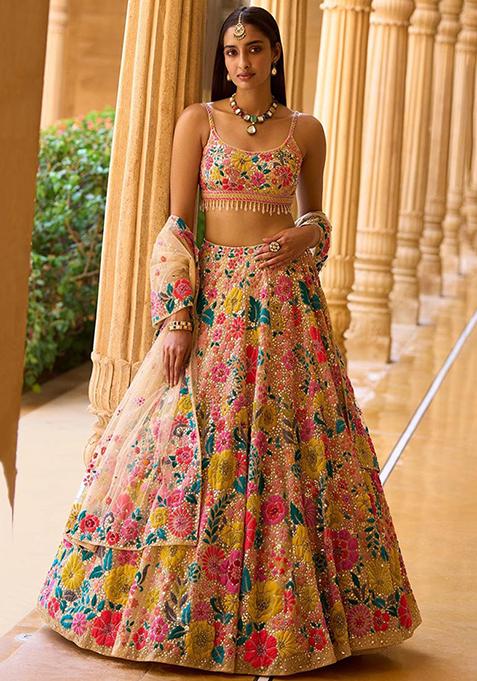 Multicolor Faux Georgette Lehenga Set with Embroidered & Sequin for Diwali | Wedding & Festive Wear