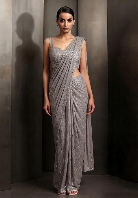 Grey Sequin Embellished Pre Draped Saree Set for Diwali and Festive Wear