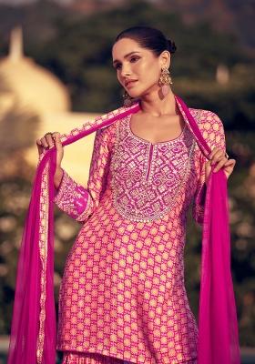 Pink Sequin Work Silk Sharara Set