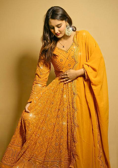 Yellow Embroidered Faux Blooming Anarkali