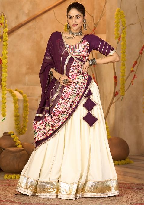 Off White Embroidererd Crepe Chaniya Choli Set For Navratri And Garba for Diwali | Wedding & Festive Wear