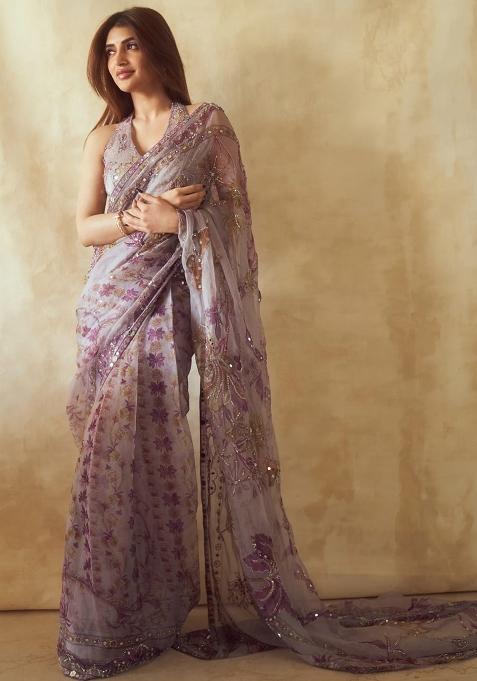 Purple Solid Silk Blend Saree Set for Diwali | Wedding & Festive Wear