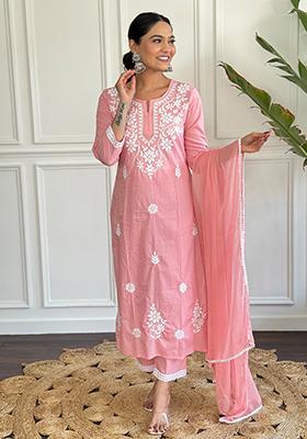 Peach Chikankari Cotton Straight Kurta Set