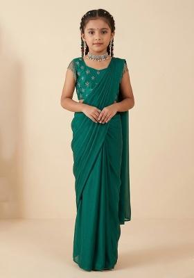 Stunning Light Green Hand Work Embellished Georgette Mother Daughter Pre-Draped Saree Set