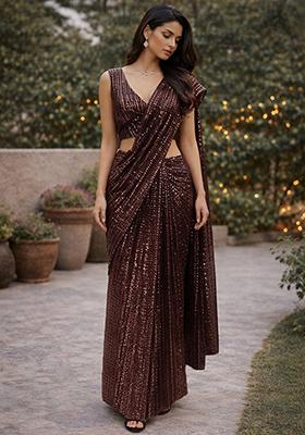 Brown Sequins Embroidery Net Pre Draped Saree Set for Diwali and Festive Wear