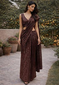 Brown Sequins Embroidery Net Pre Draped Saree Set for Diwali and Festive Wear