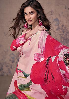 Pink Floral Print Silk Blend Co Ord Set for Diwali and Festive Wear