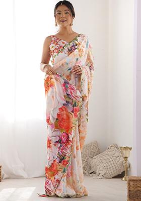 Multicolor Chiffon Saree Set with Abstract Print for Diwali | Wedding & Festive Wear