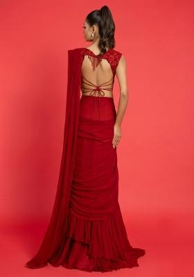Red Crepe Handwork Pre Draped Saree Set