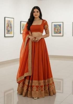 Fenta Orange Sequence Work Faux Georgette Lehenga Set with Embroidery for Diwali | Wedding & Festive Wear