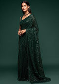 Deep Green Thread Georgette Saree Set with Embroidered & Sequin for Diwali | Wedding & Festive Wear