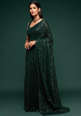 Deep Green Thread Georgette Saree Set with Embroidered & Sequin for Diwali | Wedding & Festive Wear