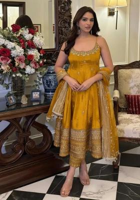 Yellow Embroidered Silk Blend Anarkali Set