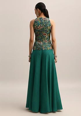 Teal Green Embroidered Crepe Fusion Set for Diwali and Festive Wear