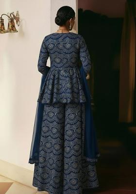 Navy Blue Embroidered Net Sharara Set