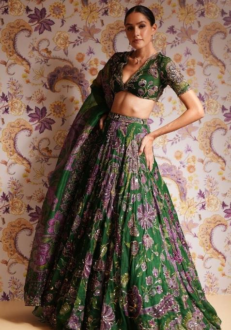 Green Embroidered Silk Lehenga Set for Diwali and Festive Wear