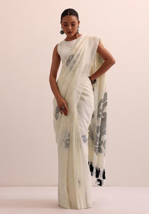 White Linen Saree Set with Printed for Diwali | Wedding & Festive Wear