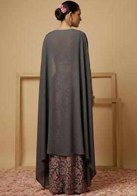 Charcoal Grey Silk Fusion Set with Floral Print for Diwali | Wedding & Festive Wear