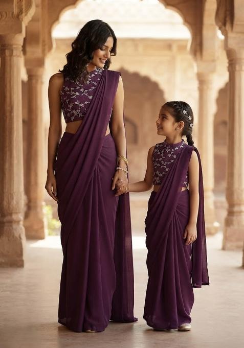 Dreamy Purple Embroidered Crepe Mother Daughter Lehenga Set | Twin In Royal Style