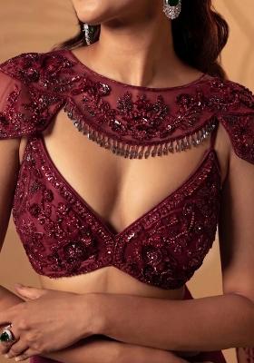 Wine Red Satin Handwork Lehenga Set