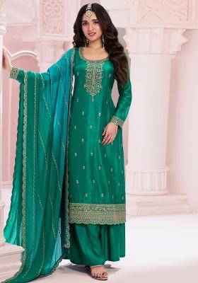 Green Embroidered Silk Blend Straight Kurta Set