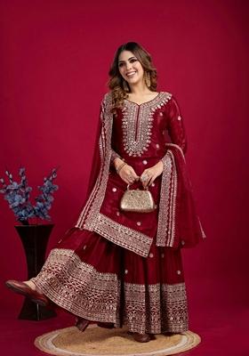 Maroon Embroidered Chanderi Sharara Set