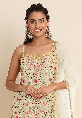 Beige Embroidery Georgette Sharara Set