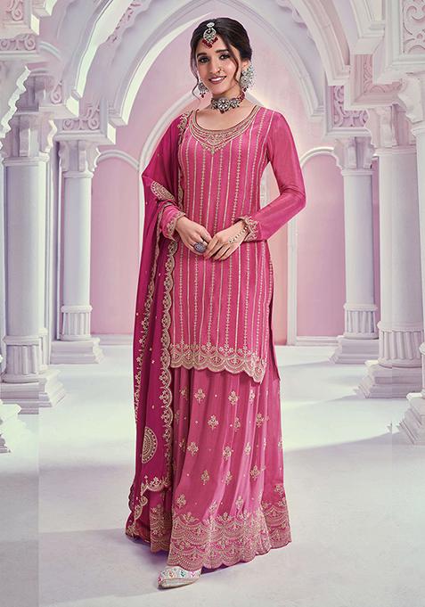Pink Embroidered Chinon Sharara Set