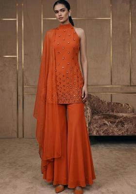 Orange Embroidered Handwork Sharara Set