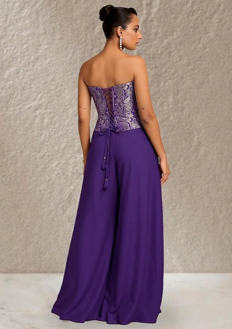 Purple Brocade Corset Blouse Fusion Set for Diwali | Wedding & Festive Wear