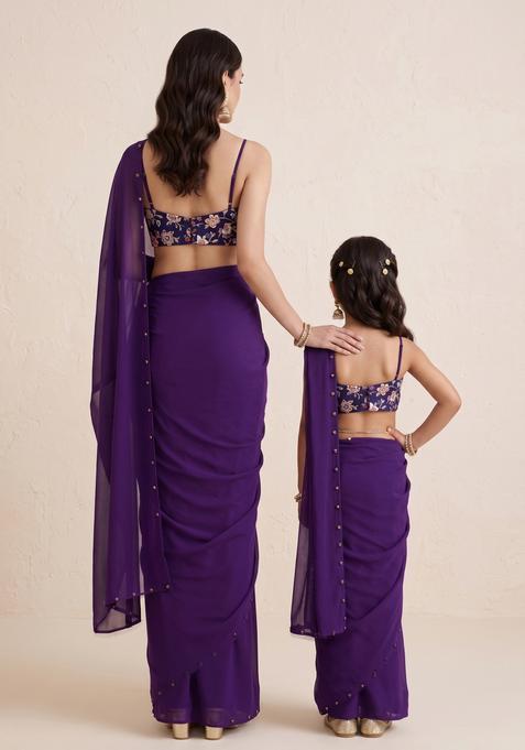 Timeless Purple Embroidery Blouse Crepe Mother Daughter Pre-Draped Saree Set | Drape, Dazzle, Twin