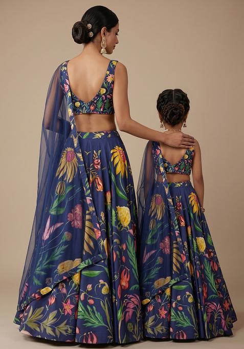 Royal Navy Blue Floral Print Satin Mother Daughter Lehenga Set | Twin In Royal Style