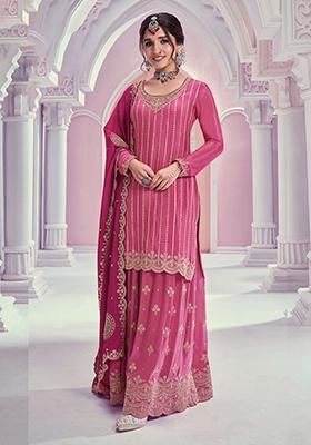 Pink Embroidered Chinon Sharara Set
