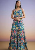 Teal Blue Floral Print Chinon Sharara Set