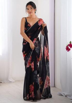 Black Embroidery Silk Blend Saree Set for Diwali and Festive Wear