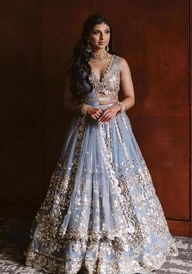 Sky Blue Net Lehenga Set with Zari Work for Diwali | Wedding & Festive Wear